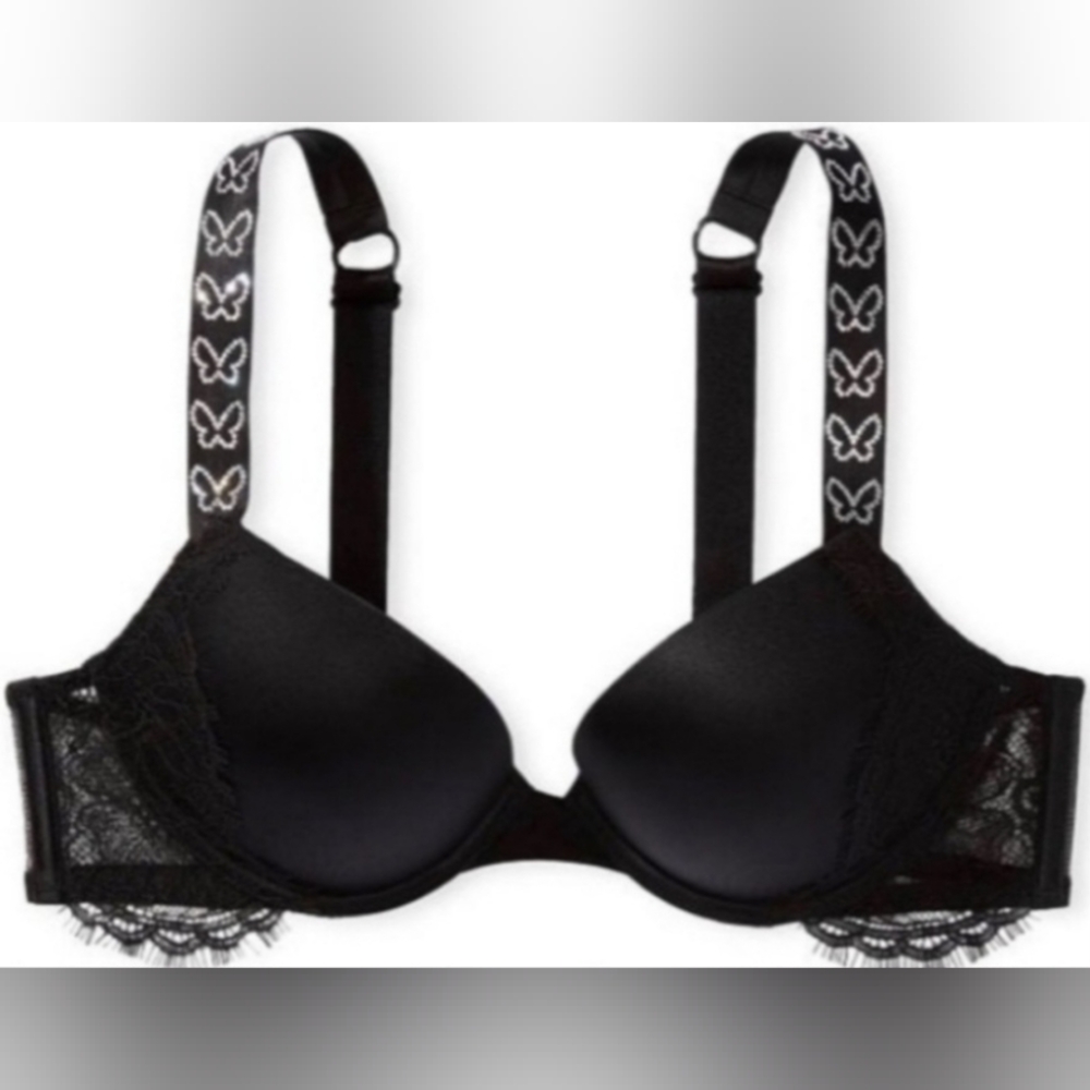 34D3 36DD Victoria's Secret Shine Strap Lace PushUp Bra Black Butterfly